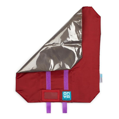 Onya adjustable size reusable lunch wrap in the color Chili Red with a gray lining and purple velcro enclosure. Available at Green Distributors.