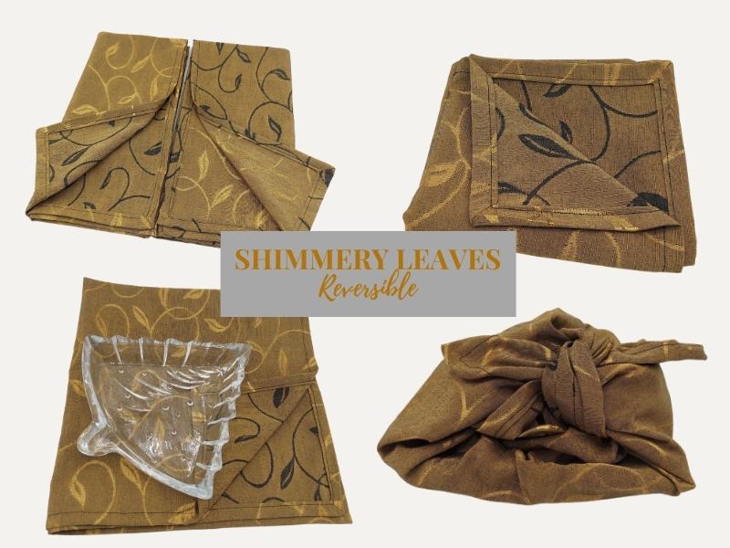 Shiny fabric furoshiki wrapping cloth brown and gold shimmery leaves pattern