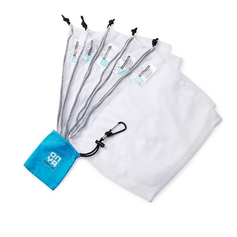5 pack of Onya reusable produce bag with easy carry turquoise pouch with carabiner.  Available at Green Distributors.