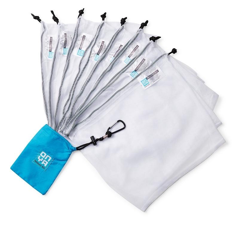 8 pack of Onya reusable produce bag with easy carry turquoise pouch with carabiner.  Available at Green Distributors.