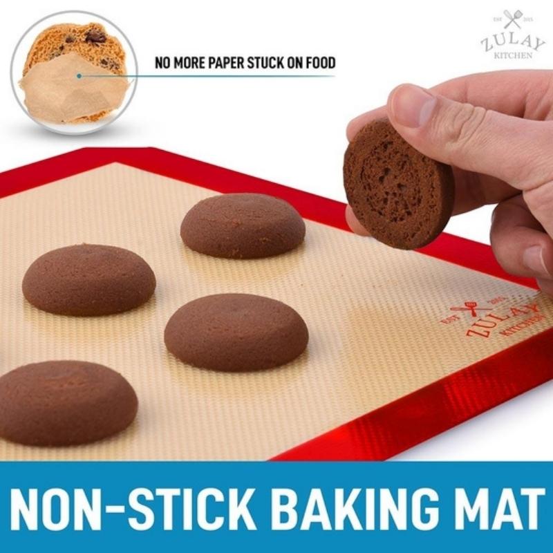 Image demonstrating the non-stick surface of Zulay Kitchen silicone reusable baking mat. Available at Green Distributors.