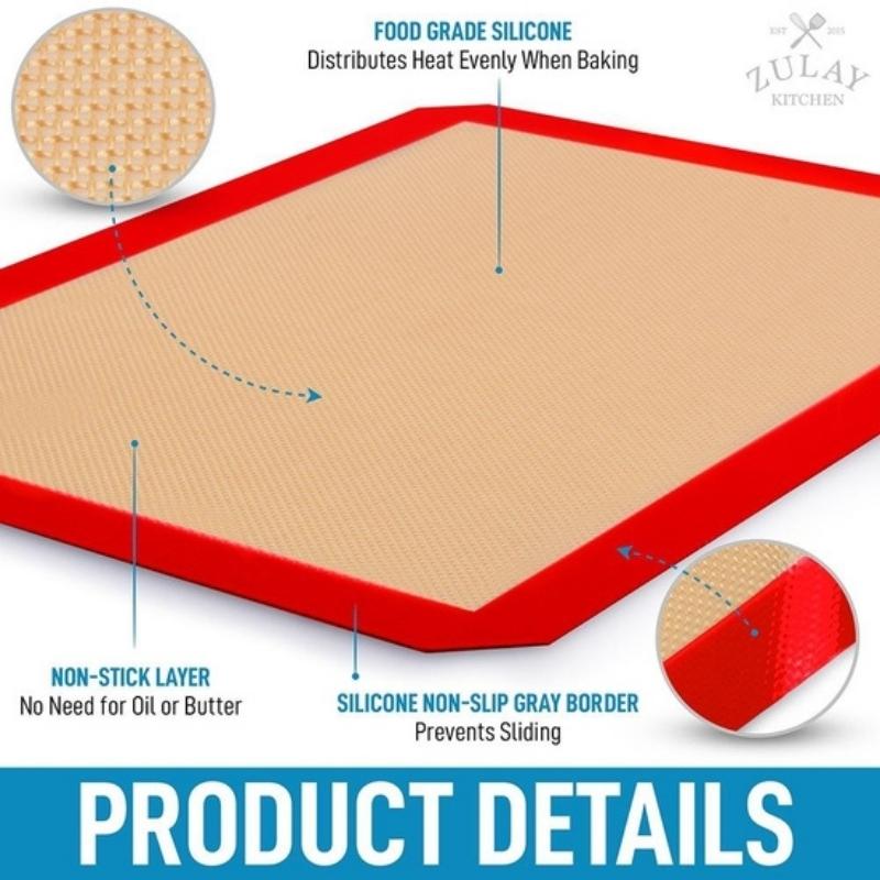 Image demonstrating the product details for Zulay Kitchen silicone reusable baking mat. The details demonstrated are:  Food grade silicone, Non-stick layer, and Silicone non-slip border. Available at Green Distributors.