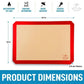 Image demonstrating the product dimensions of Zulay Kitchen silicone reusable baking mat (16.5 x 11.6" x 0.76mm thickness). Image also lists Heat Resistance (375-400F), Even heat distribution, Water resistant, and Scratch resistant. Available at Green Distributors.