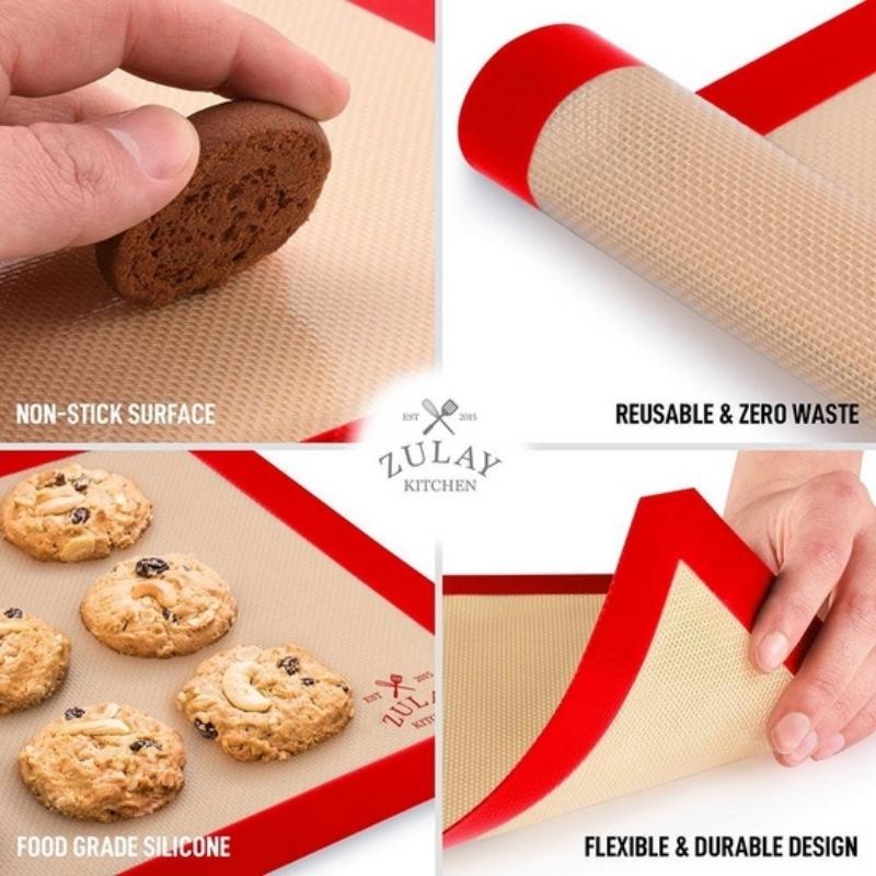 Image demonstrating the non-stick surface, food grade silicone, and flexible, durable design of Zulay Kitchen silicone, reusable, zero waste baking mat. Available at Green Distributors.