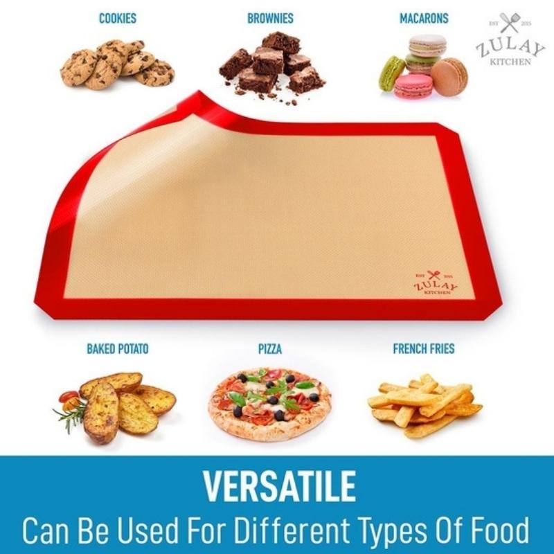 Image demonstrating the versatility of Zulay Kitchen silicone reusable baking mat with the different foods that can be baked with the liner such as cookies, French fries, baked potatoes, pizza, and macaroons. Available at Green Distributors.