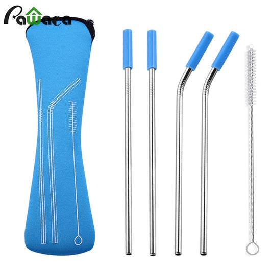 4pk Stainless Steel Reusable Straws with Colorful Silicone Tips Free Cleaning Brush, Carrying Case Included - Green Distributors