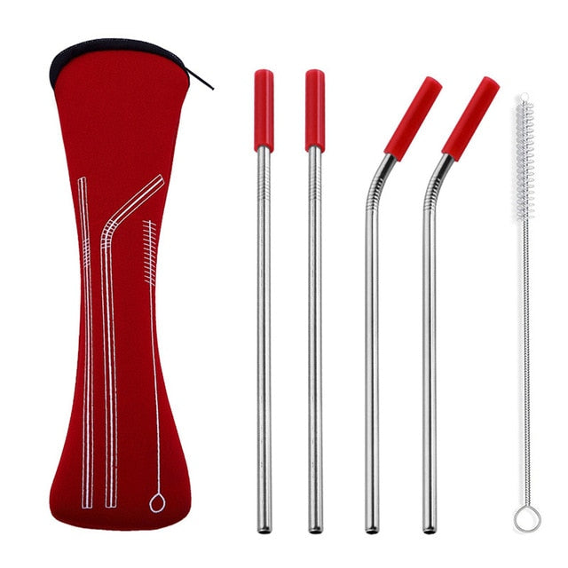 4pk Stainless Steel Reusable Straws with Colorful Silicone Tips Free Cleaning Brush, Carrying Case Included - Green Distributors